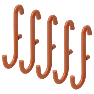 Four orange SKÅDIS hooks; simple, curved design.
