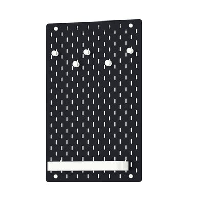 SKÅDIS black pegboard wall organizer with hooks and shelf, rectangular shape.