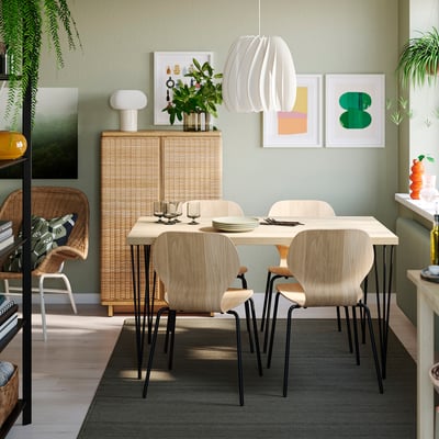 SKÅLSTA Table and 4 chairs, oak effect hairpin black-grey/oak veneer tubular metal/black-grey, 140x80 cm