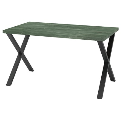SKÅLSTA Table, dark grey-green marble effect/X-shaped black-grey, 140x80 cm