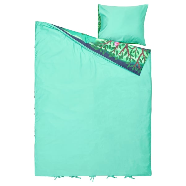SKOGSDUVA bed set, bright green, rectangular, with fox and mouse design.