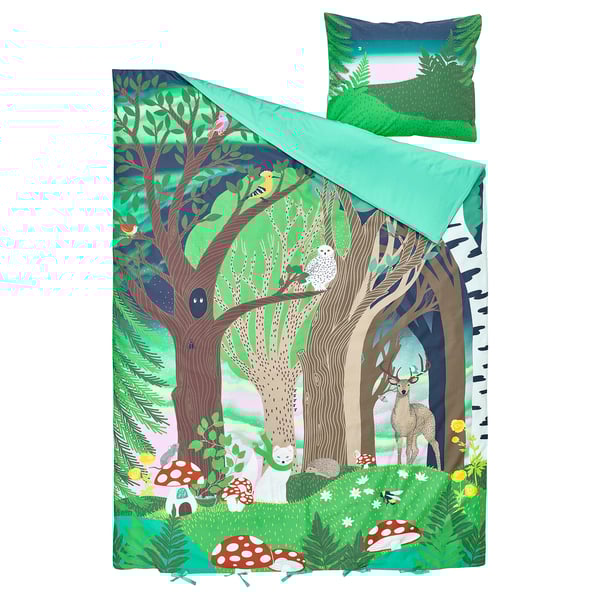 Woodland creatures & mushrooms bedding, blue-green cotton-viscose.