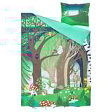 Woodland creatures & mushrooms bedding, blue-green cotton-viscose.