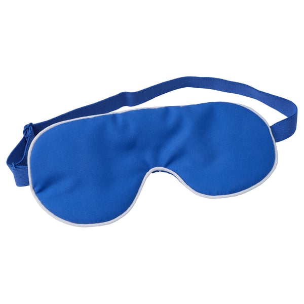 Blue SKOGSSALLAT eye mask, soft recycled polyester, curved shape with adjustable strap.