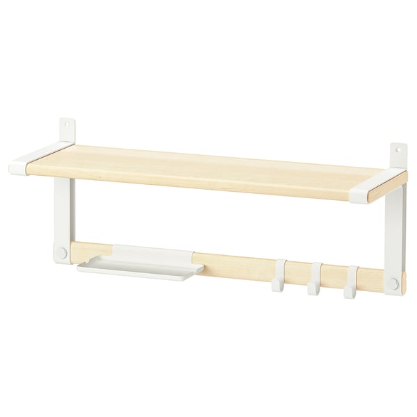 A white SKOMAKARE wall shelf with wooden accents. It has hooks, a tray, and a shelf for storage and display.
