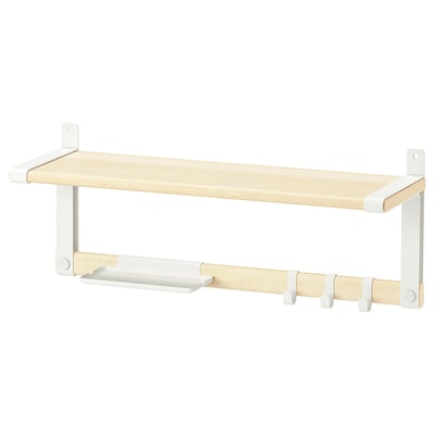 A white SKOMAKARE wall shelf with wooden accents. It has hooks, a tray, and a shelf for storage and display.