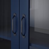 Dark blue cabinet with sleek, curved handles; sturdy, modern design.