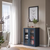 Modern living room featuring SKRUVBY blue glass-door cabinet. Holds books, displays decor. Perfectly sized, fits between window & chair.