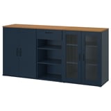A blue SKRUVBY sideboard with oak top, featuring cabinets and glass doors, perfect for storage.