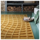 Mustard yellow rug with net-like texture, adding rustic charm.