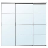 SKYTTA modern glass closet door panel, clear with aluminum frame. Four sections, sliding design, minimalist style.