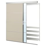 SKYTTA organizer: modern white closet, sliding glass door, adjustable shelves.