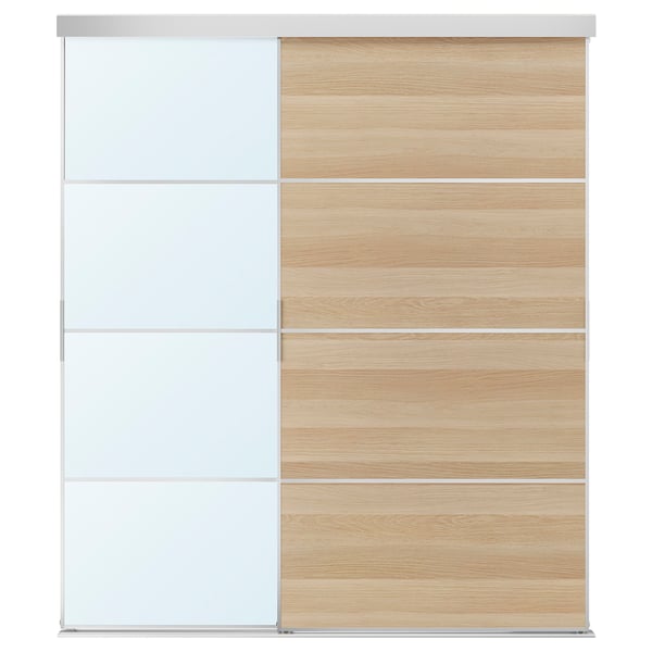 SKYTTA sliding door system, featuring light wood and glass panels. Modern, minimalist design with aluminum frame.