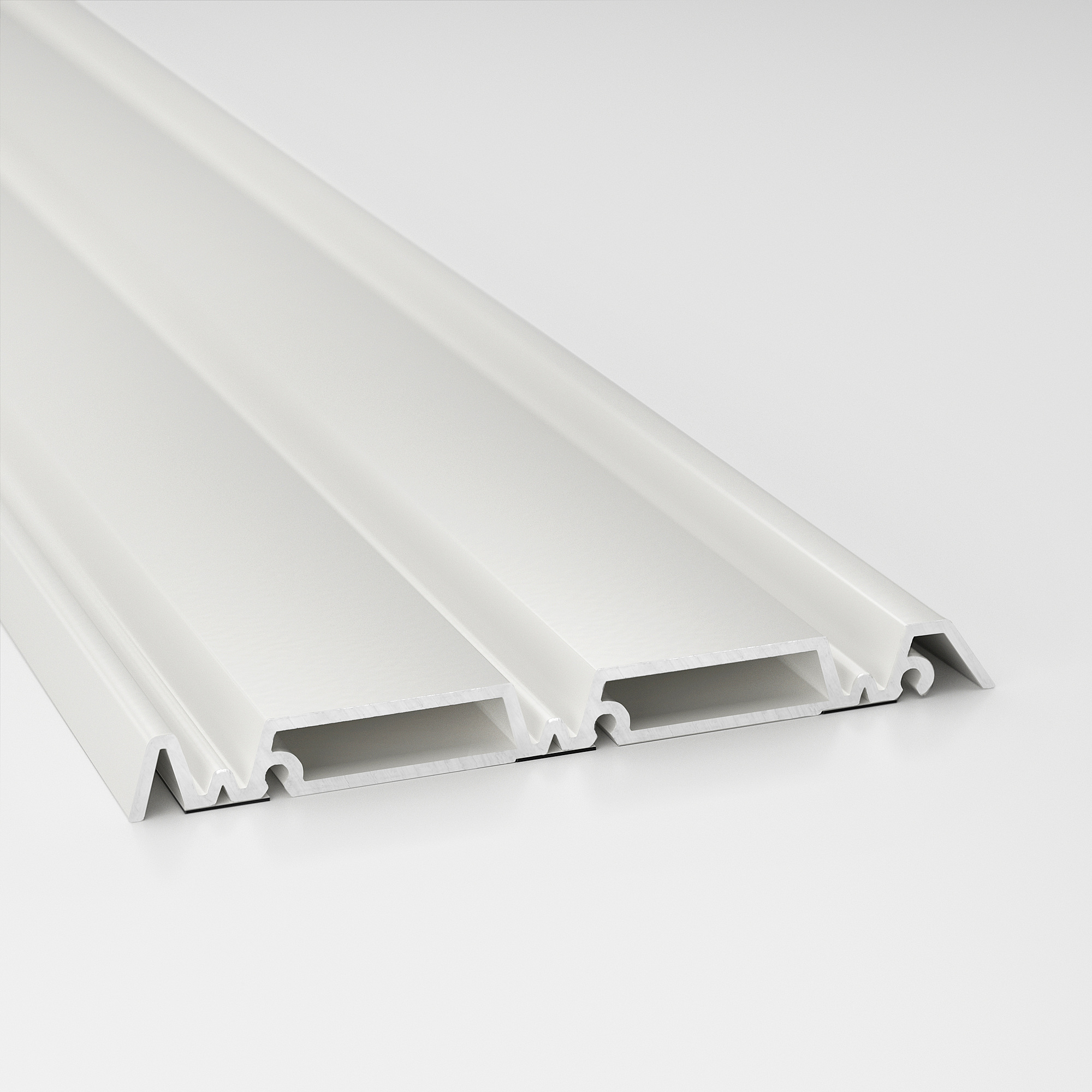Modern white SKYTTA sliding door rail, sleek aluminium construction, precision engineered for smooth installation.