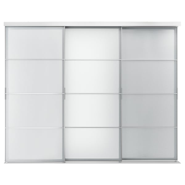 SKYTTA white sliding door, sleek modern design, glass panels framed in aluminum. 3 sections, minimalistic look.