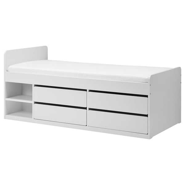 White SLÄKT bed with drawers and shelves, modern and safe design, ideal for teens, minimalist style.