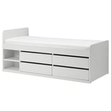 White SLÄKT bed with drawers and shelves, modern and safe design, ideal for teens, minimalist style.