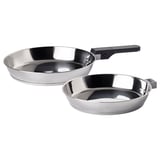 Silver frying pans, minimalist design, one with black handle, stackable, durable stainless steel.