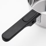 Modern saucepan with sturdy, removable handle. Black, sleek design. High-quality stainless steel.