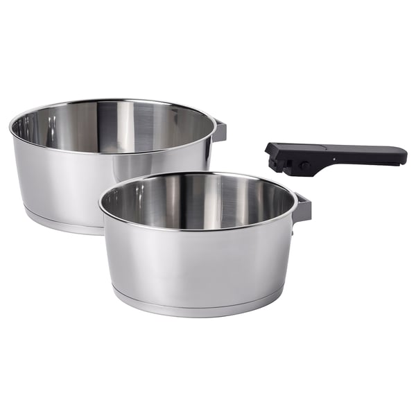 SLÄTROCKA pots, silver, stainless steel, round, detachable handle, stackable.