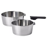 SLÄTROCKA pots, silver, stainless steel, round, detachable handle, stackable.