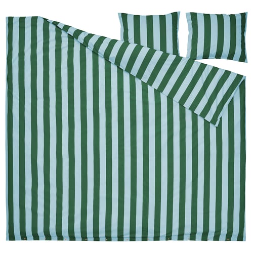 SLÅNHÖSTMAL bedding set in green/blue stripes, rectangular with two pillowcases, made of 57% cotton, 43% lyocell.