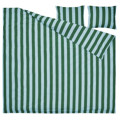 SLÅNHÖSTMAL bedding set in green/blue stripes, rectangular with two pillowcases, made of 57% cotton, 43% lyocell.