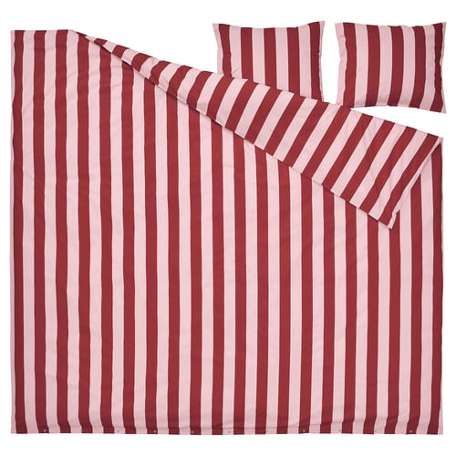 SLÅNHÖSTMAL Duvet cover and 2 pillowcases, light pink dark red/stripe, 240x220/50x60 cm