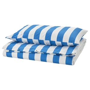 Blue and white striped duvet and pillow set, neatly folded, cotton and viscose blend, rectangle shape, horizontal stripes.