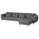 Dark grey l-shape SLATORP sofa with wooden legs and cushions.