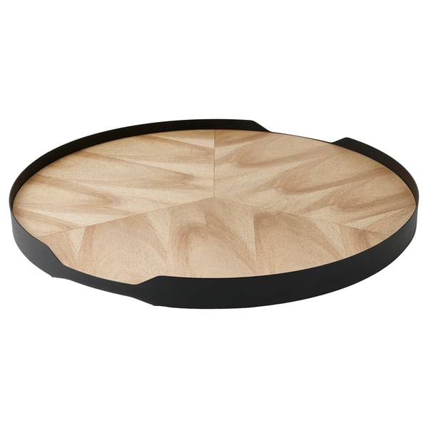 Acacia veneer lazy susan tray. Modern, circular design with black metal frame. Wooden pattern.