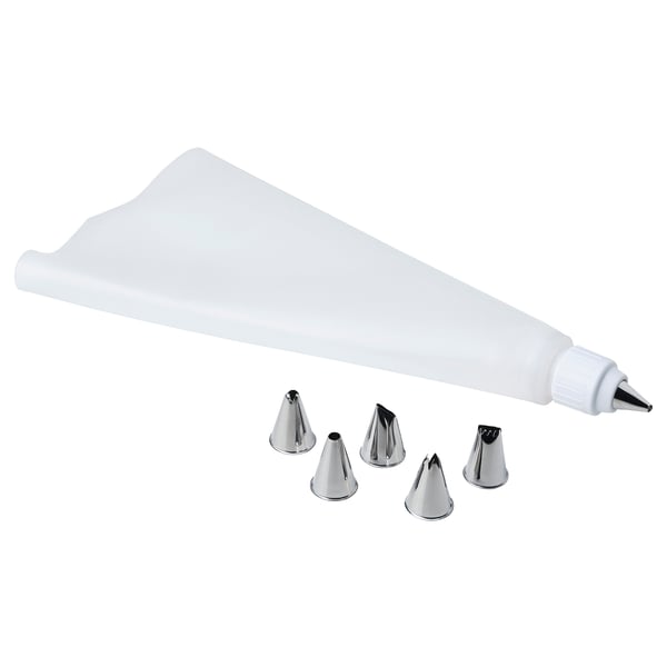 SMAKSAM silicone pastry bag with 6 metal tips, white, flexible, cone-shaped, decorating tool set.