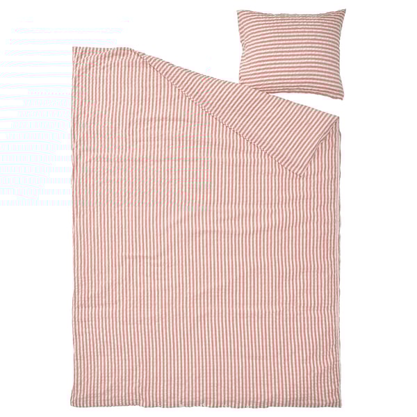SMÅNUNNEÖRT duvet set: red stripes, cotton-viscose blend, soft & breathable, includes one duvet cover and one pillowcase, button closure.