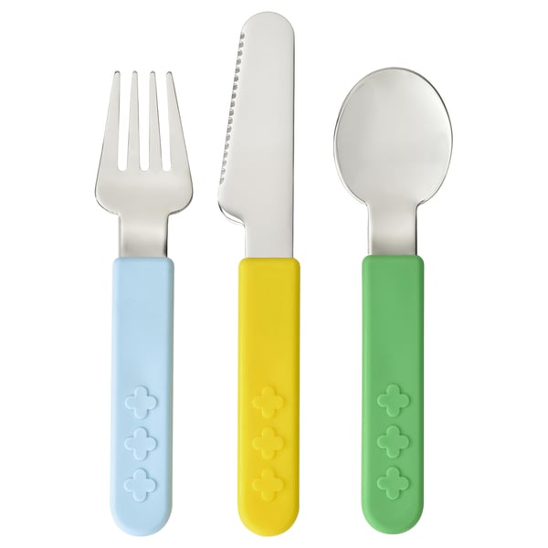 Three kids utensils: blue fork, yellow knife, green spoon. Colorful, stainless steel with grip handles. Perfect for small hands.