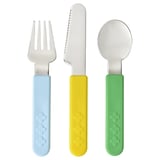 Three kids utensils: blue fork, yellow knife, green spoon. Colorful, stainless steel with grip handles. Perfect for small hands.