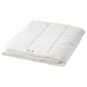 Folded white SMÅSPORRE blanket, pure & simple design, recycled materials.