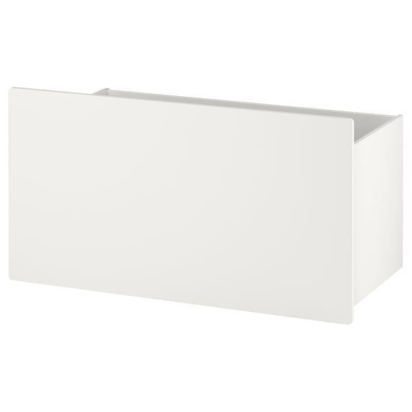A white rectangular storage box on wheels, part of the SMÅSTAD collection. Its modern design clean lines and practical castors for easy movement.