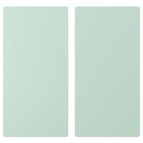 Two pastel green rectangular doors side by side. Each door is flat with rounded edges. Made of fibreboard with acrylic paint.