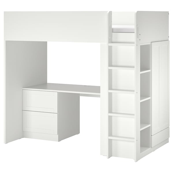 White kids loft bed with desk, wardrobe, and shelves, maximizing space.