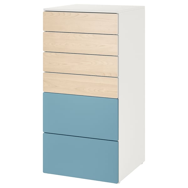 SMÅSTAD chest: light wood & blue drawers, white frame; square, sleek design.