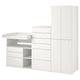 White SMÅSTAD baby unit with safe edges, shelves, drawers, and convertible changing table/desk.