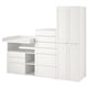 Option: A white ikea SMÅSTAD baby storage set, including a changing table with shelves, a dresser, and a tall cabinet.