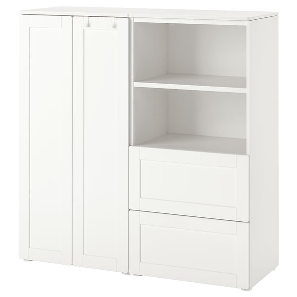 White SMÅSTAD kids storage unit with shelves and drawers.
