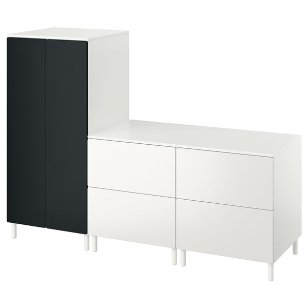 A SMÅSTAD furniture set featuring a white cabinet with two drawers and a black tall cabinet.