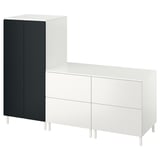 A SMÅSTAD furniture set featuring a white cabinet with two drawers and a black tall cabinet.