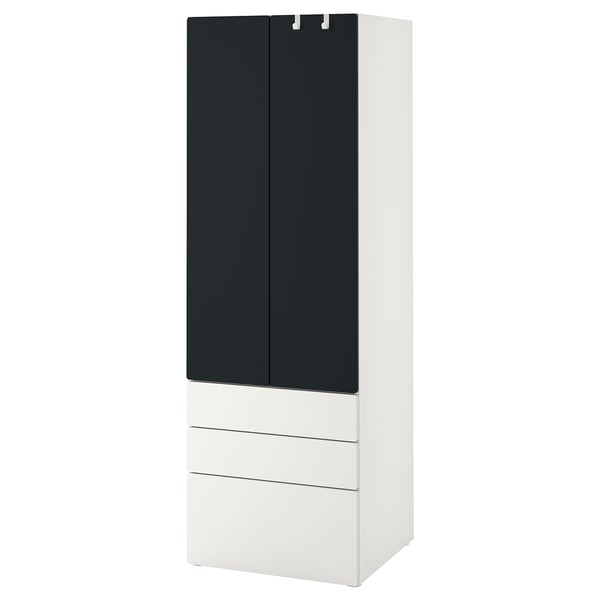 This image shows a white and black SMÅSTAD wardrobe with two drawers and a blackboard door.