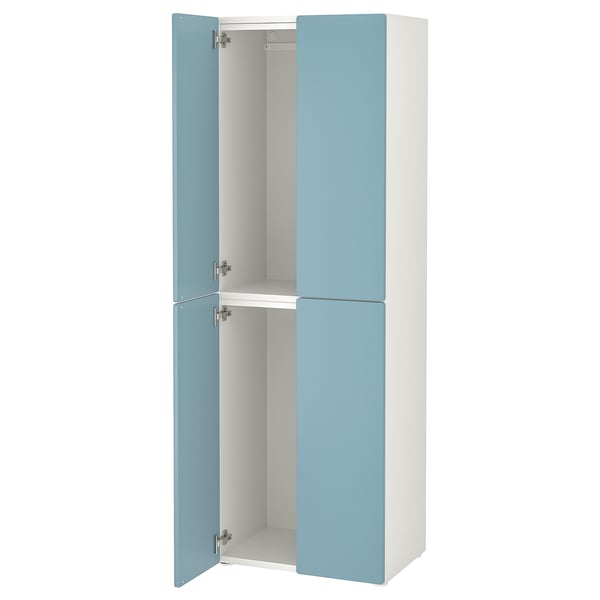 A tall, blue, and white wardrobe with four doors and adjustable feet, ideal for organizing clothes in a small space.