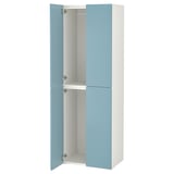 A tall, blue, and white wardrobe with four doors and adjustable feet, ideal for organizing clothes in a small space.