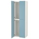 A tall, blue, and white wardrobe with four doors and adjustable feet, ideal for organizing clothes in a small space.