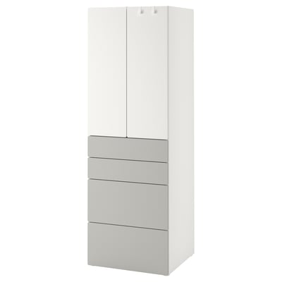 SMÅSTAD wardrobe: white with gray drawers, slim, soft-close, ideal for small spaces